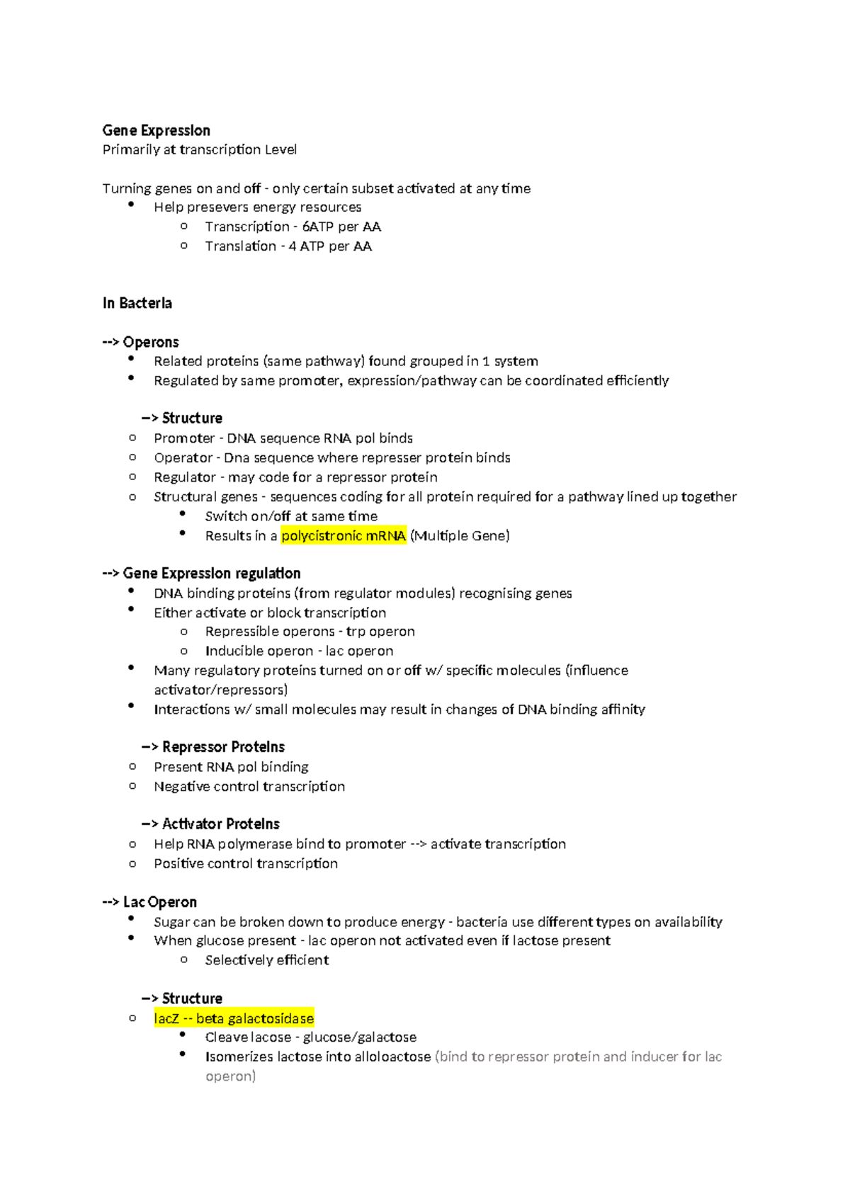 BIOC2201 - Gene Expression Summary - Gene Expression Primarily at ...