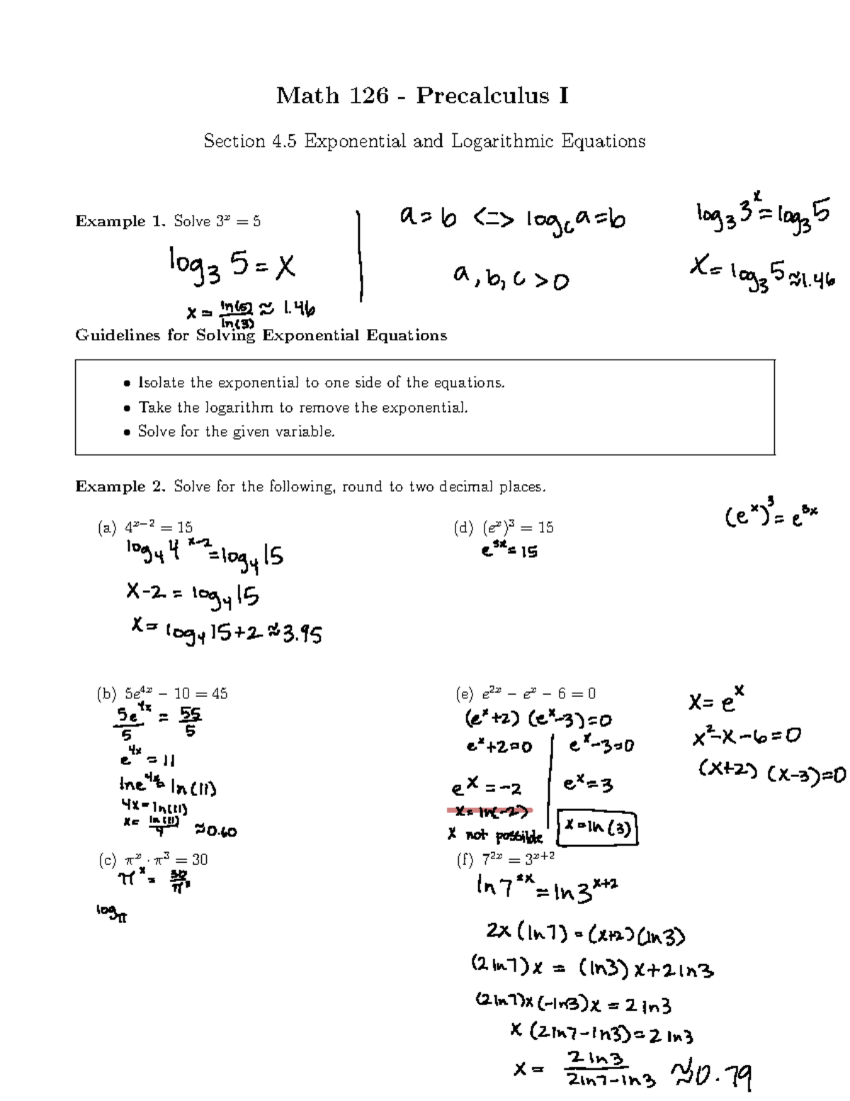 Week 10 Notes Math 126 Precalculus I Section 4 Exponential And Logarithmic Equations Example 1218