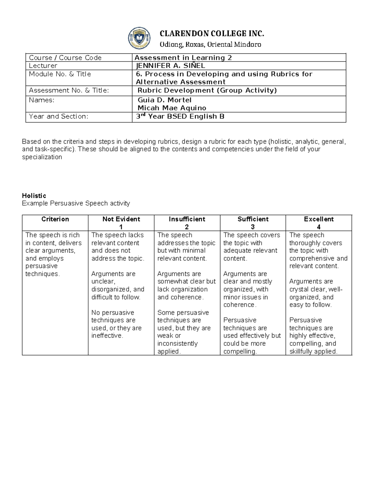 6 Worksheet 023514 - Assessment in Learning 2 activity - Course ...