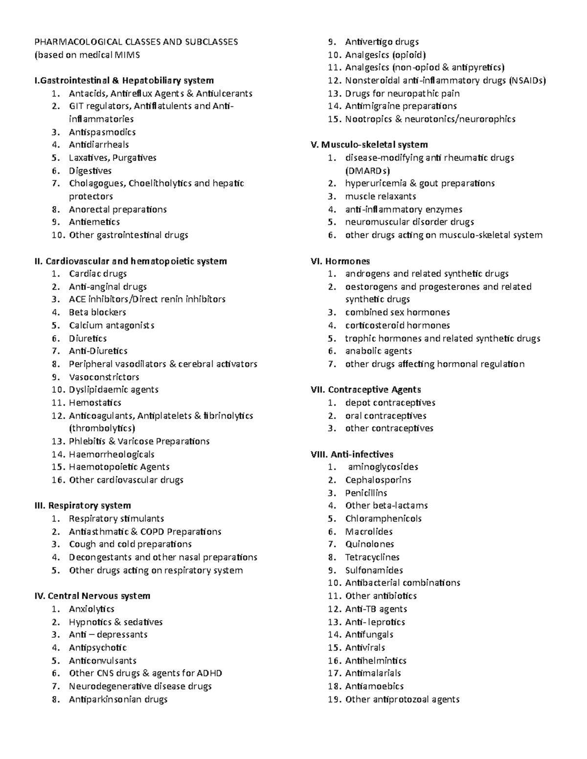 Pharmacological Classes AND Subclasses - PHARMACOLOGICAL CLASSES AND ...