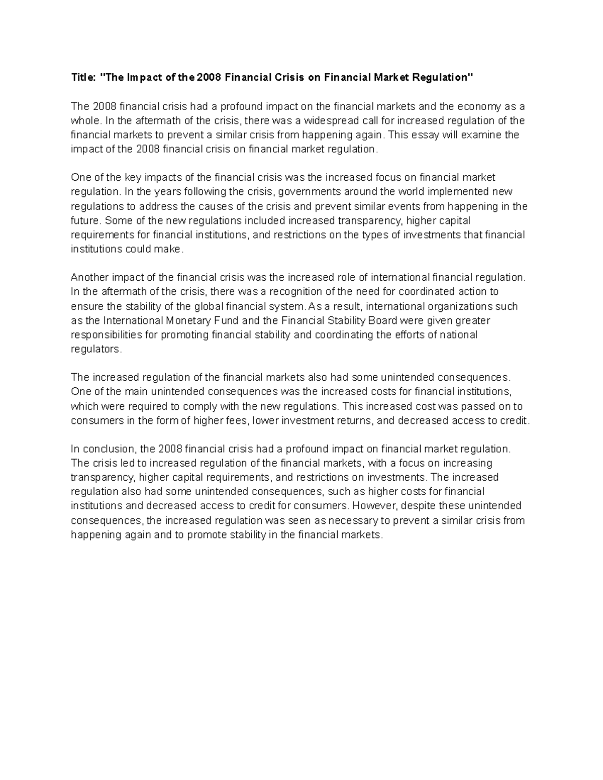 Impact of the 2008 Financial Crisis on Financial Market Regulation - In ...