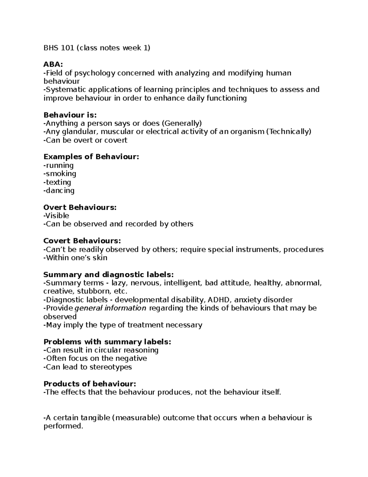 BHS 101 week 1 lecture notes - BHS 101 (class notes week 1) ABA: -Field ...