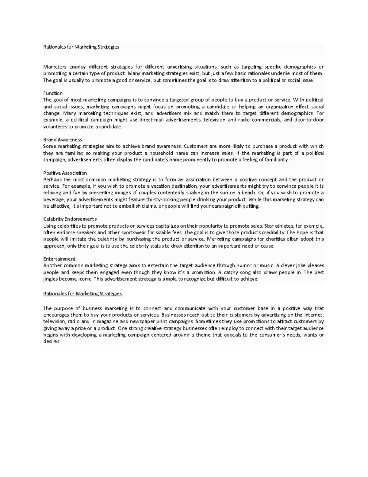 Rationales for Marketing Strategies - Rationales for Marketing ...