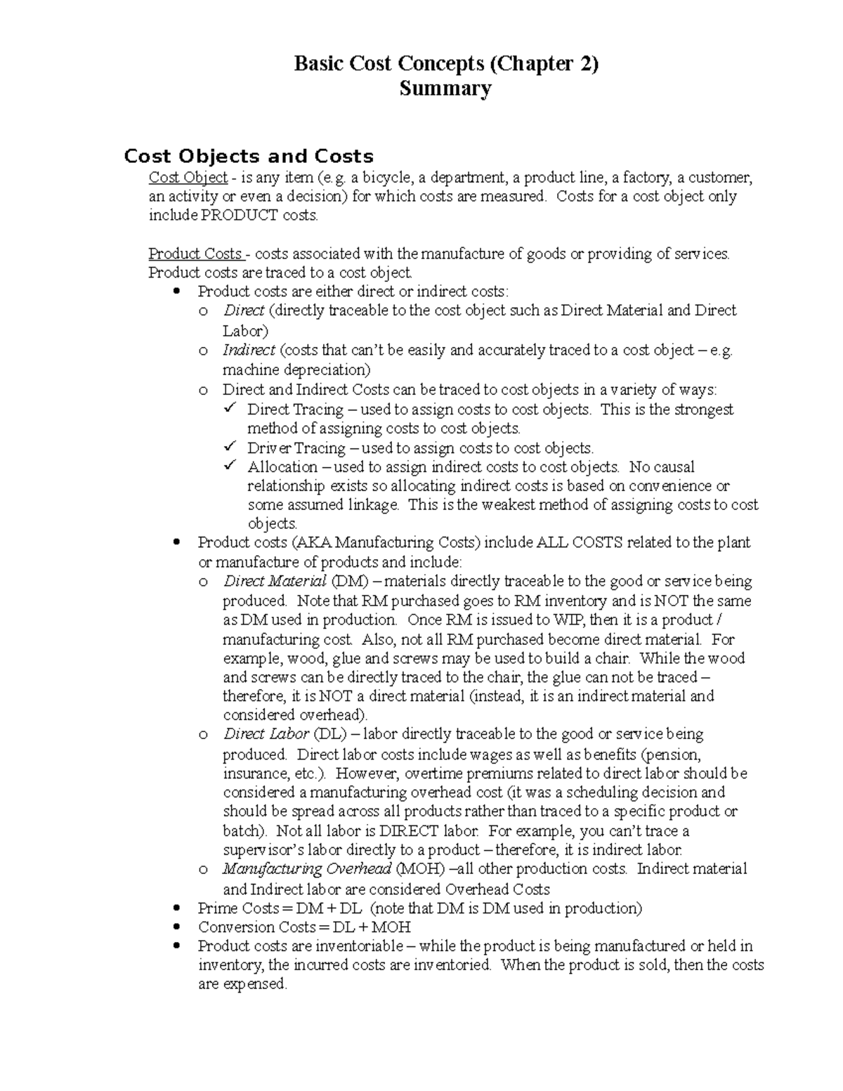 CH 2 Summary - Basic Cost Concepts (Chapter 2) Summary Cost Objects and ...