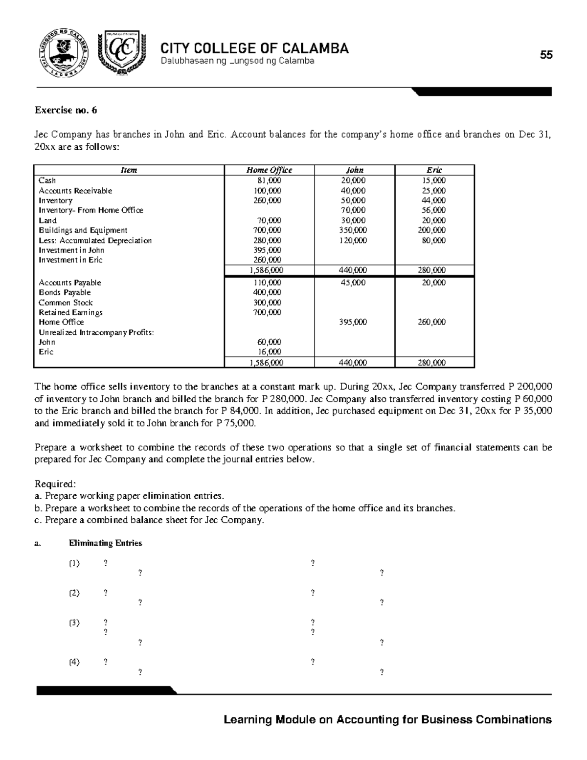 Ex.no.6 exercising activity 55 Learning Module on Accounting for