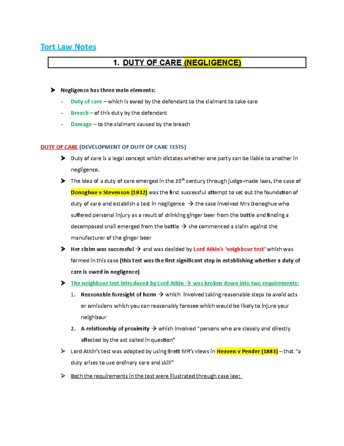 Tort Law Notes - DUTY OF CARE (NEGLIGENCE) Negligence Has Three Main ...