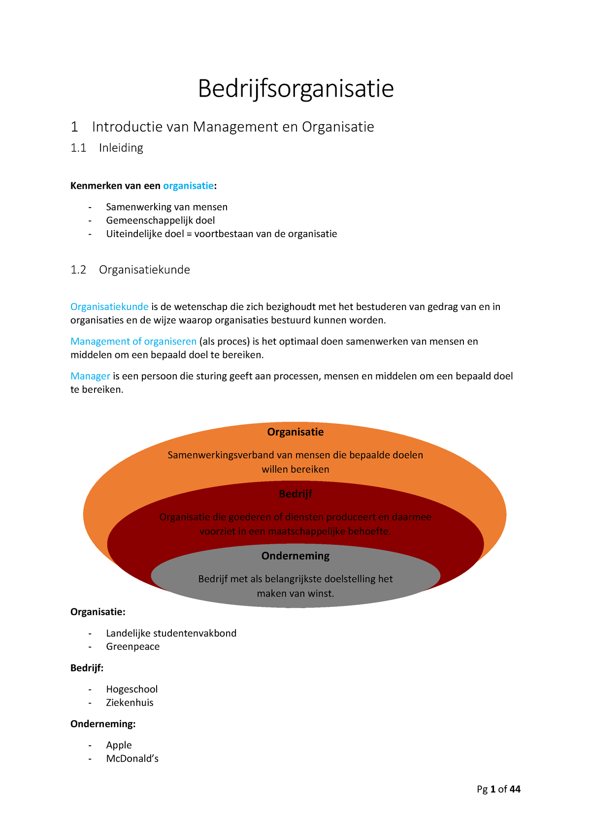 Samenvatting - Bedrijfsorganisatie 1 Introductie Van Management En ...