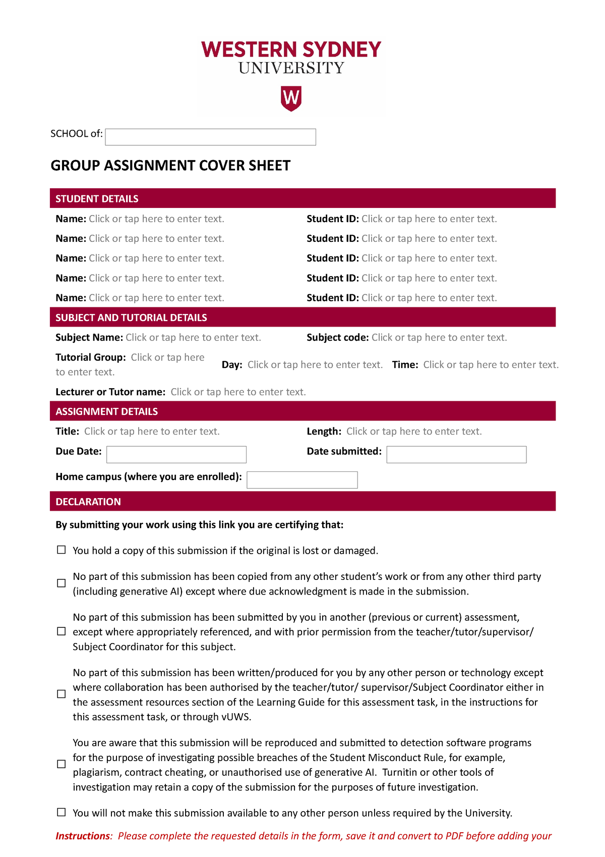 uon group assignment cover sheet