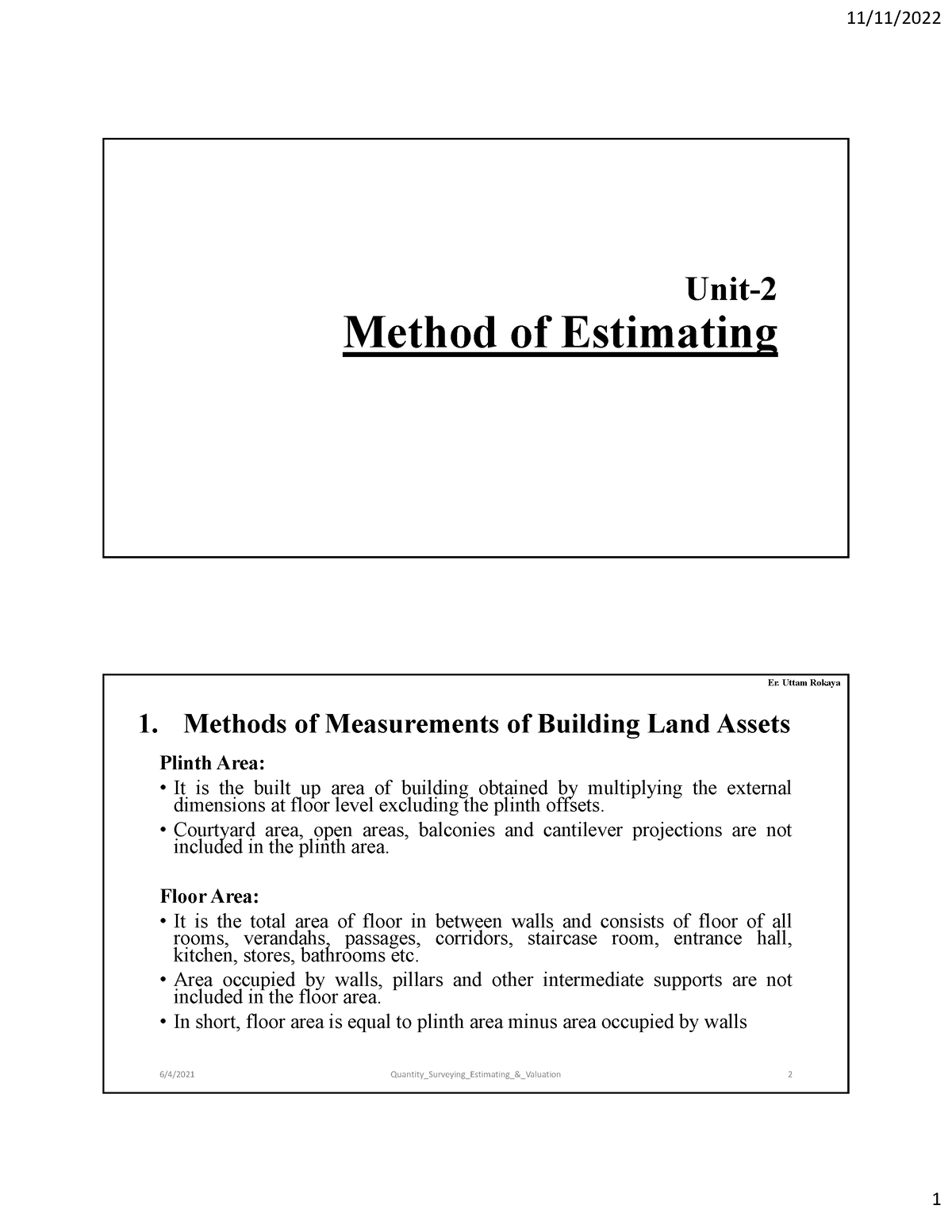 Unit 2 - Notes - Unit- Method Of Estimating 1. Methods Of Measurements ...