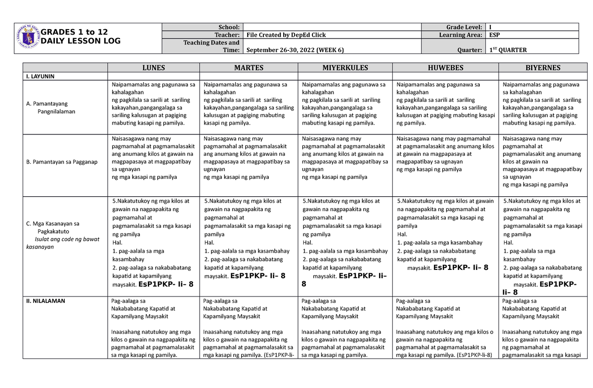 Dll Esp 1 Q1 W6 Dll Grades 1 To 12 Daily Lesson Log School Grade Level I Teacher File 1204