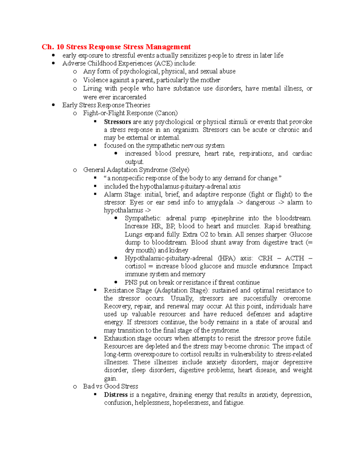 Chapter Ten To Thirteen - Ch. 10 Stress Response Stress Management ...