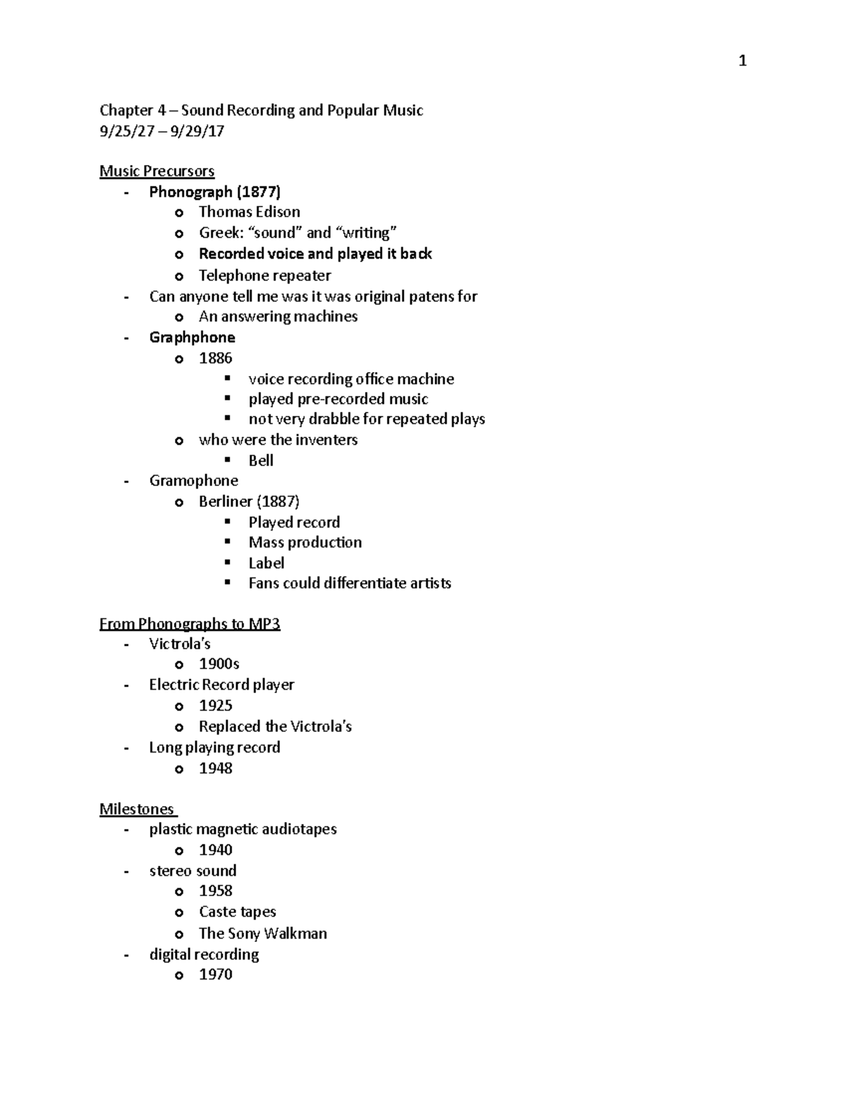 Chapter 4 - Lecture notes 4 - Chapter 4 – Sound Recording and Popular ...