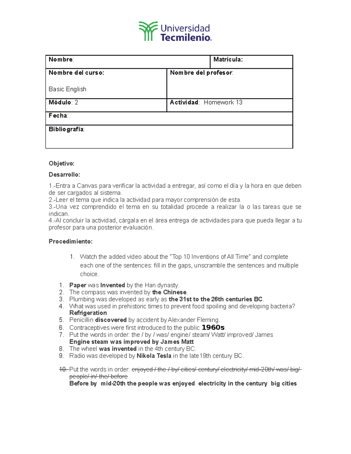 Homework 13 - Basic English - ingles basico - TecMilenio - Studocu