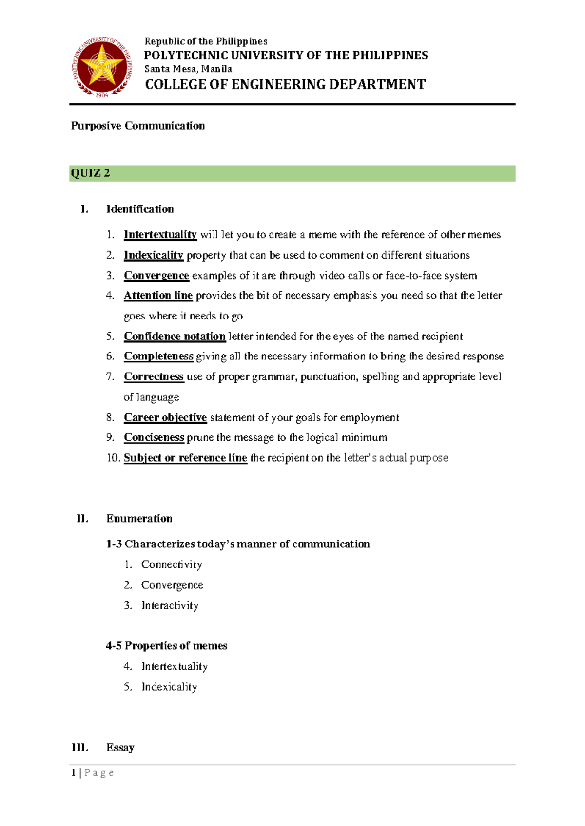 Quiz 2 - Purposive Communication - Republic of the Philippines ...