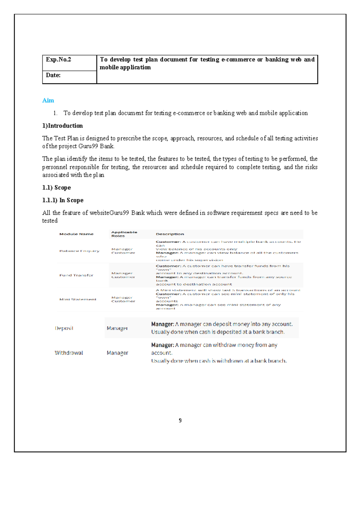 Sta lab Software testing lab Exp.No To develop test plan document