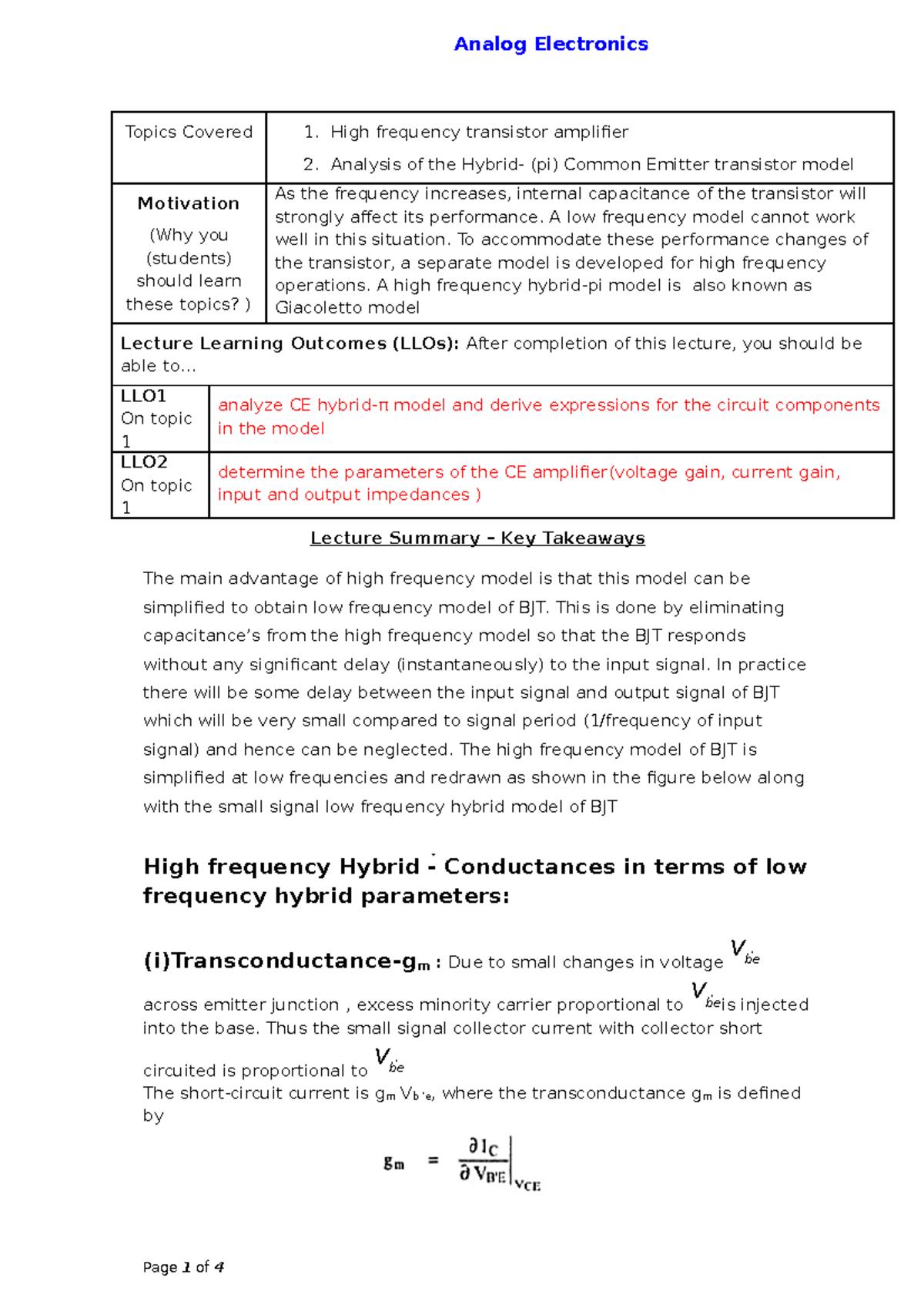 Hybrid (pi) Common Emitter transistor model Topics Covered 1. High