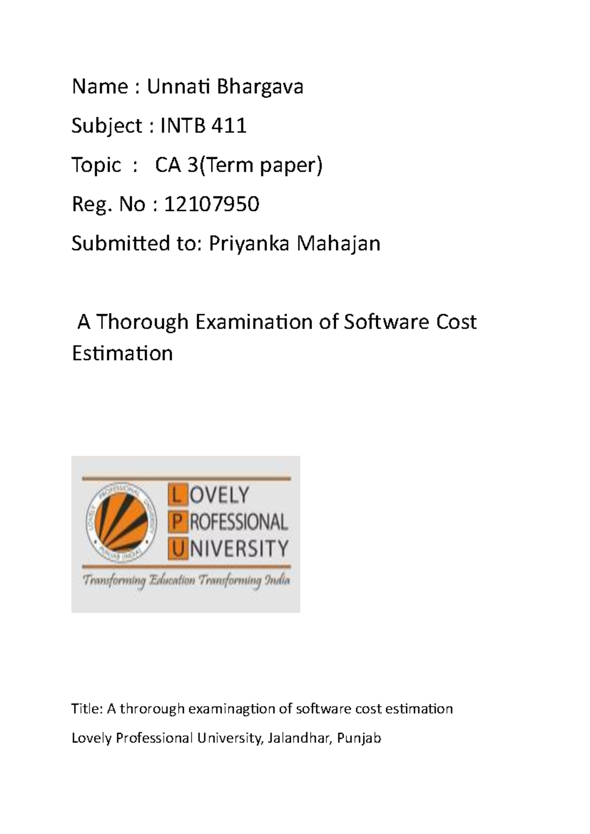 Term paper software - assignment - Name : Unnati Bhargava Subject ...