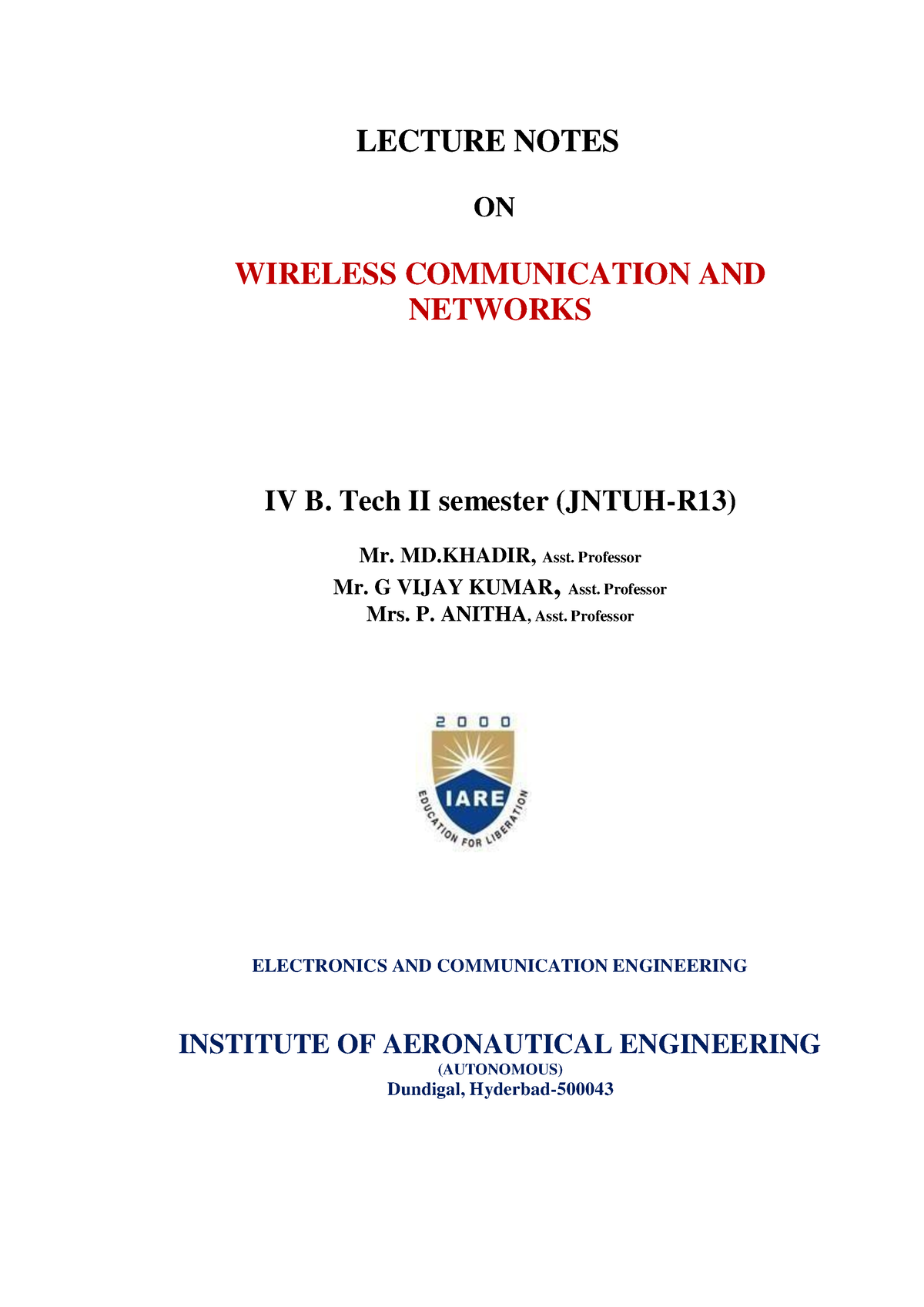 IARE WCN Notes - LECTURE NOTES ON WIRELESS COMMUNICATION AND NETWORKS ...