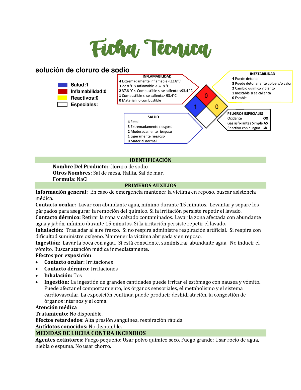 Ficha Técnica Sal Informe Ficha TÈcnica Solución De Cloruro De