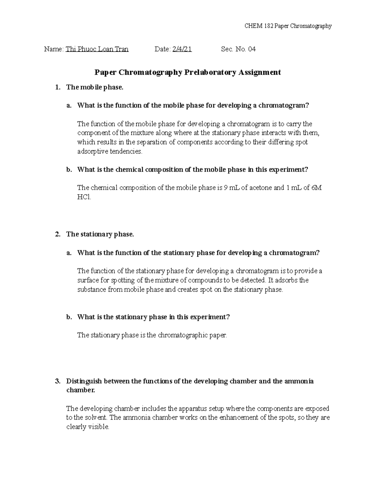 Paper Chromatography prelab CHEM 182 Paper Chromatography Name Thi