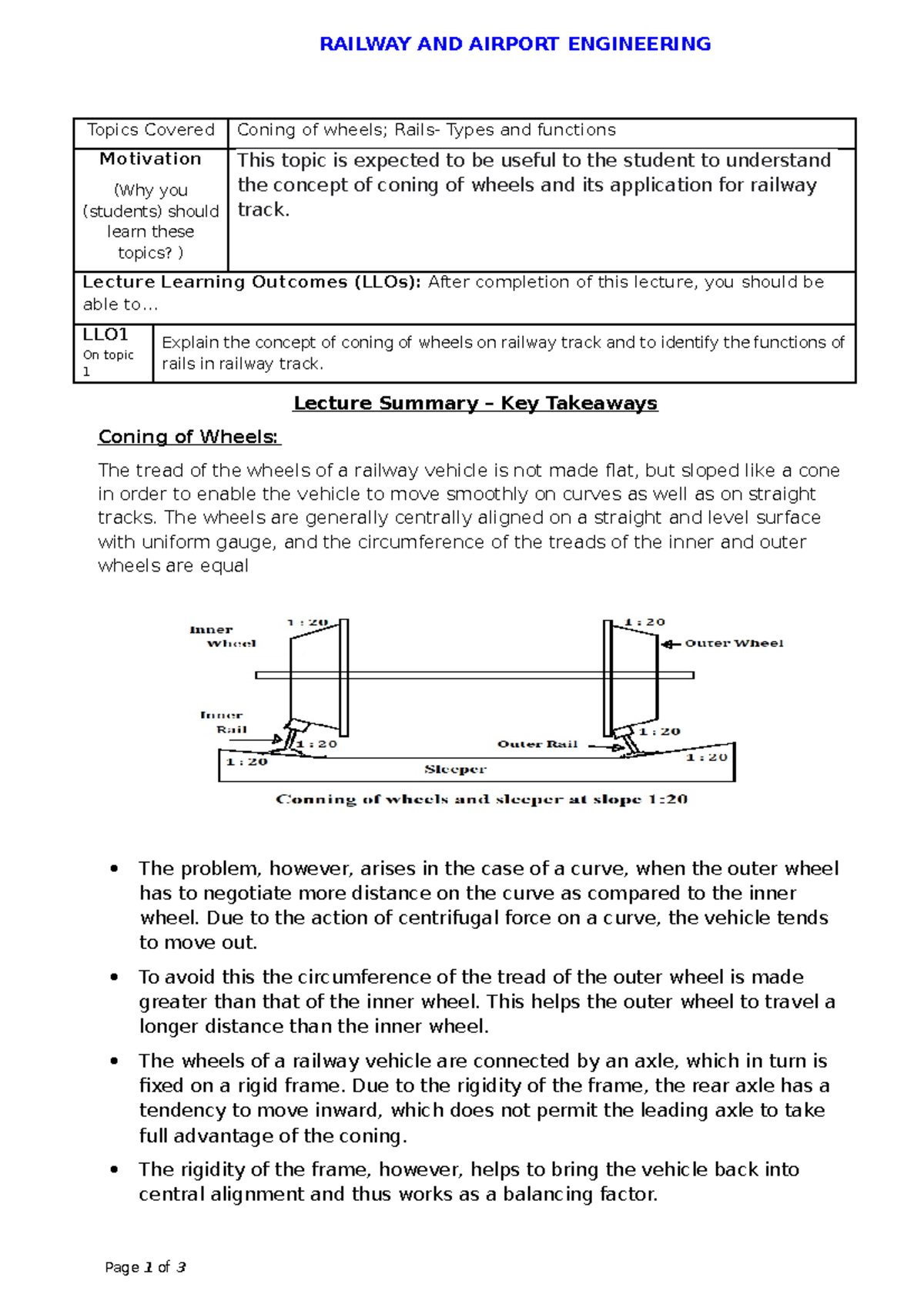 Coning of wheels; Rails Types and functions RAILWAY AND AIRPORT