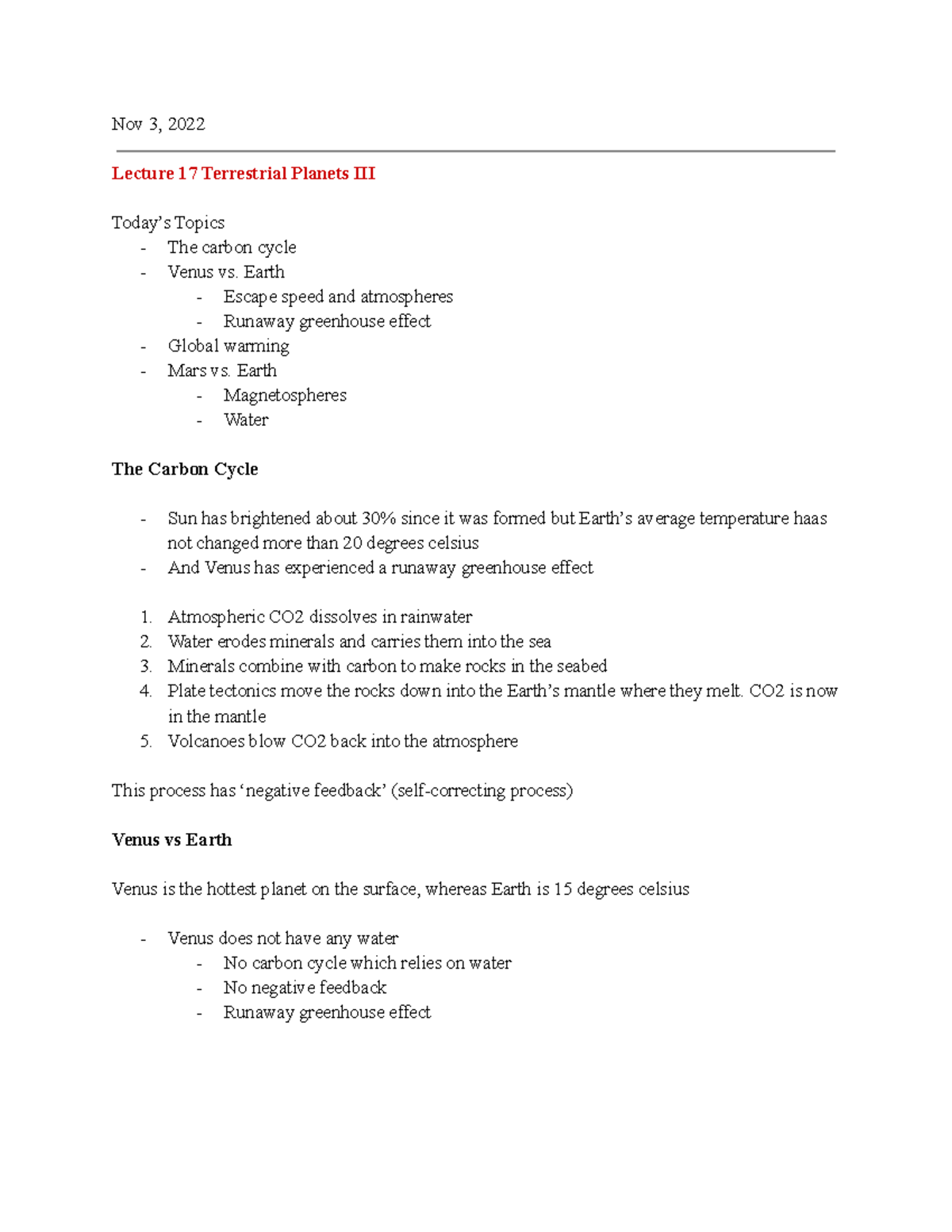 AST101 Week 9 Lecture - Notes - Nov 3, 2022 Lecture 17 Terrestrial ...