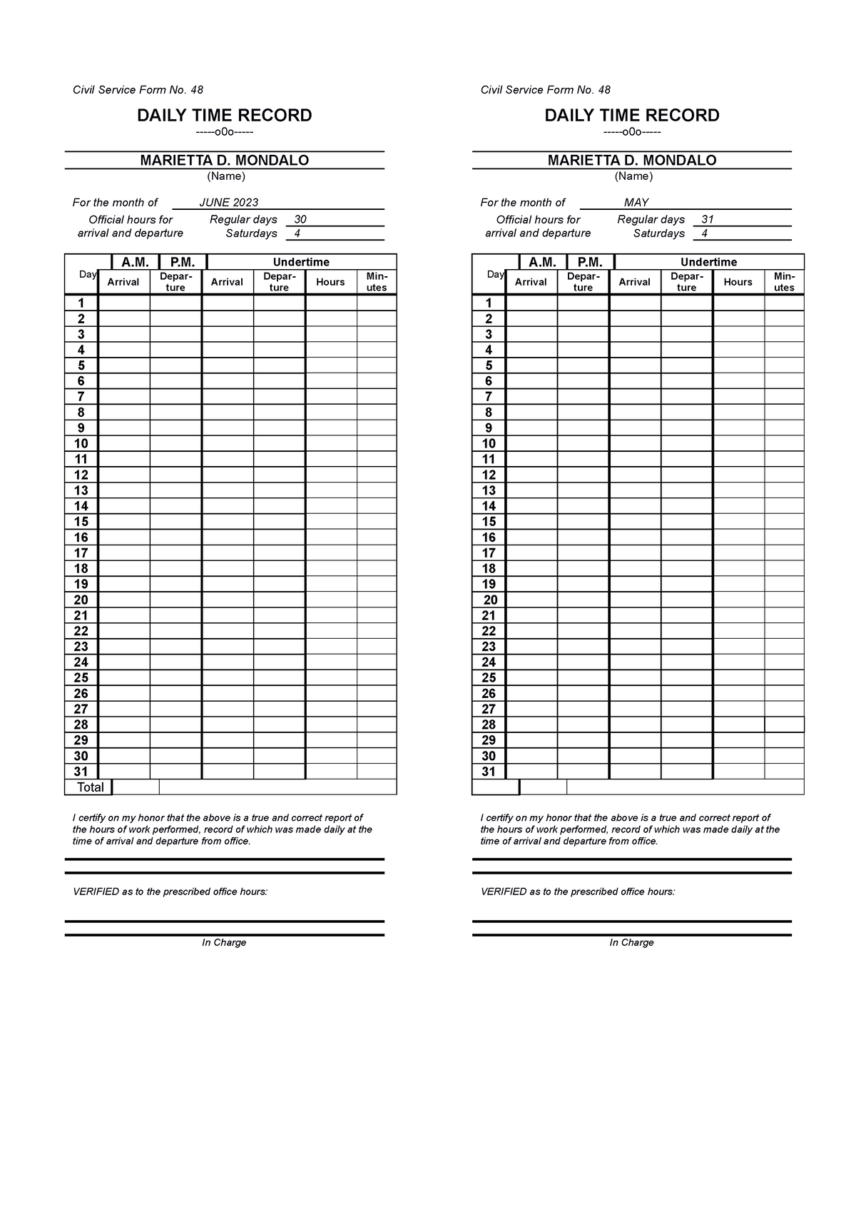 DTR Template for reference Civil Service Form No. 48 DAILY TIME