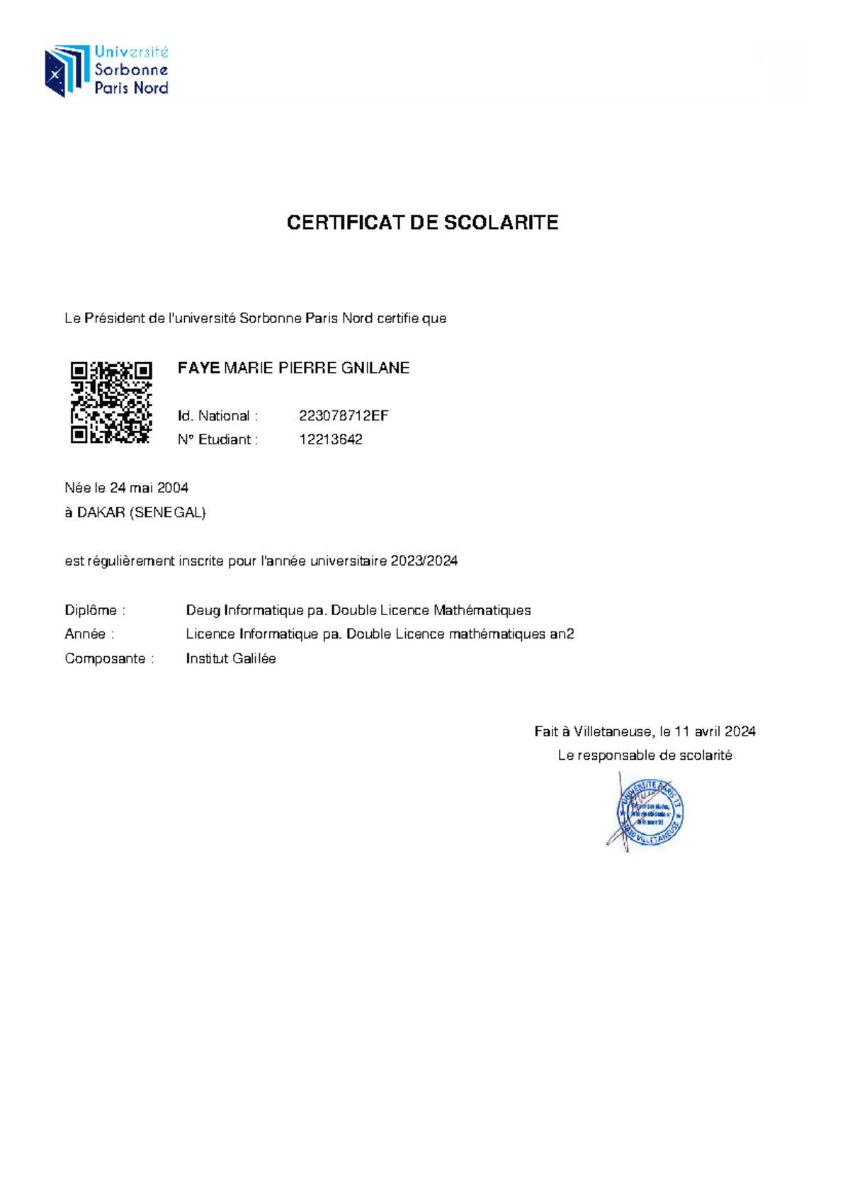 Certificat Scolarité Univ Lille – SFKAD