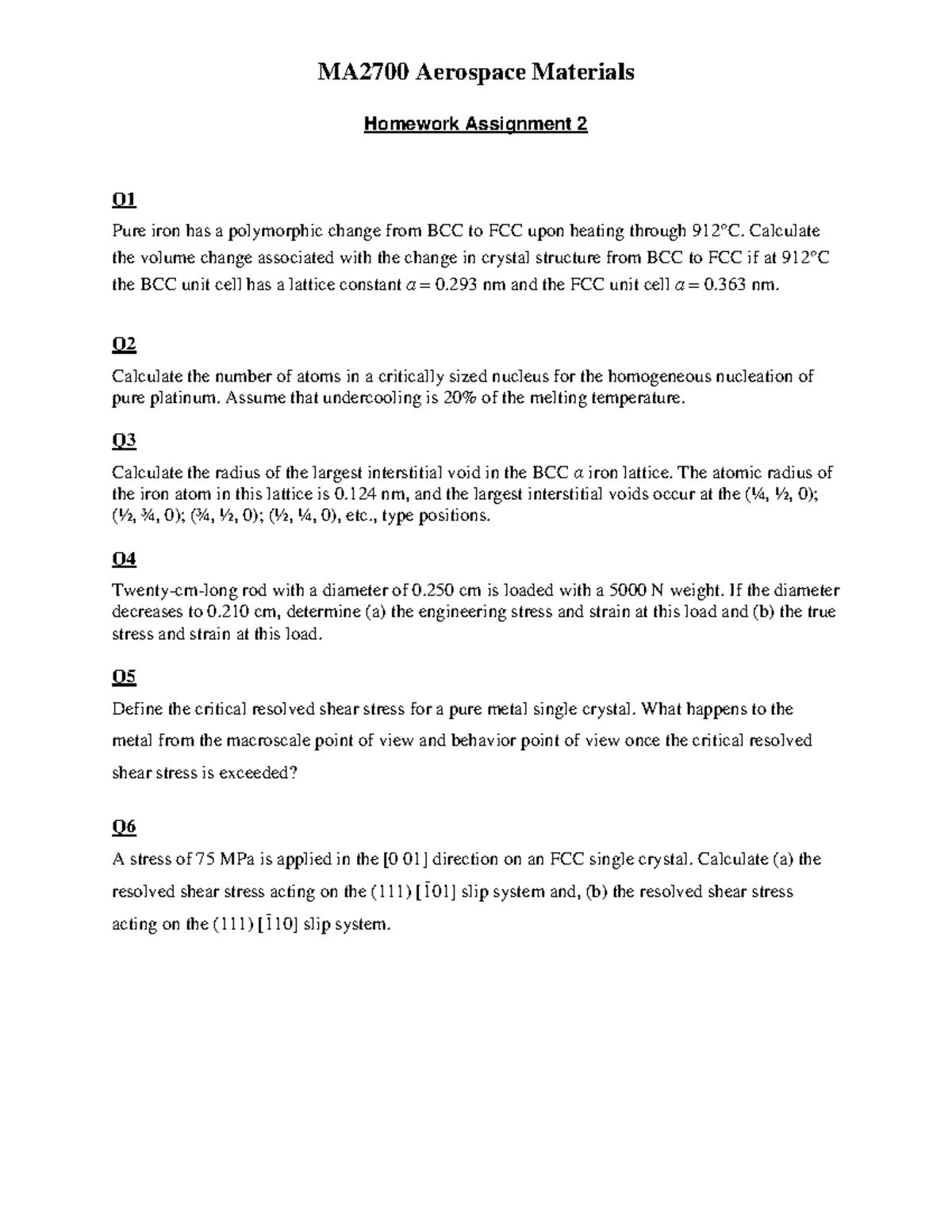 MA2700 Tutorial 2 - MA2700 Aerospace Materials Homework Assignment 2 Q ...