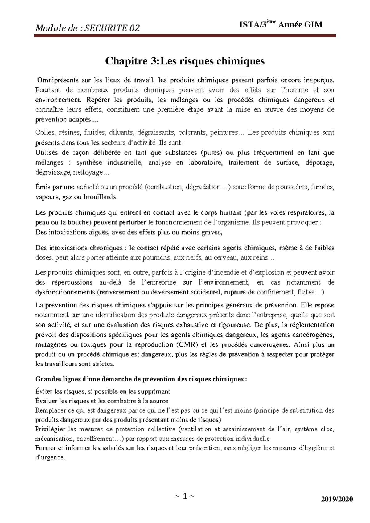 Chapitre 3 Les risques chimiques - Module de : SECURITE 02 Chapitre 3 ...