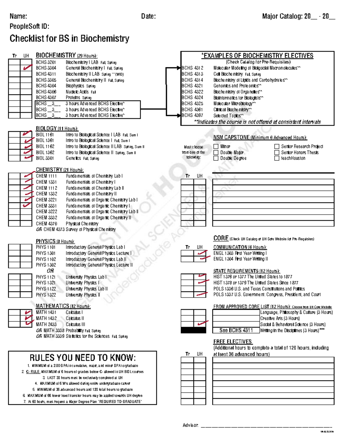 Checklist For BS In Biochemistry - Name: Date: PeopleSoft ID: Major ...