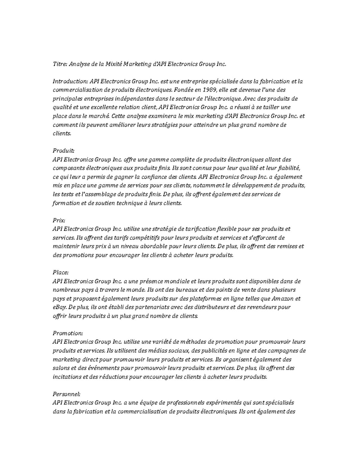 API Electronics Group Inc. marketing mix - Titre: Analyse de la Mixité ...