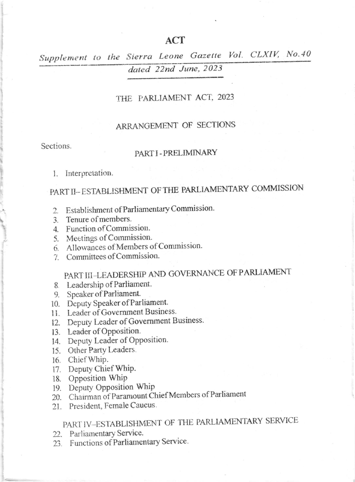 The Parliament Act, 2023 - ACT Supple r,ent to the Sierra Leone Gazette ...