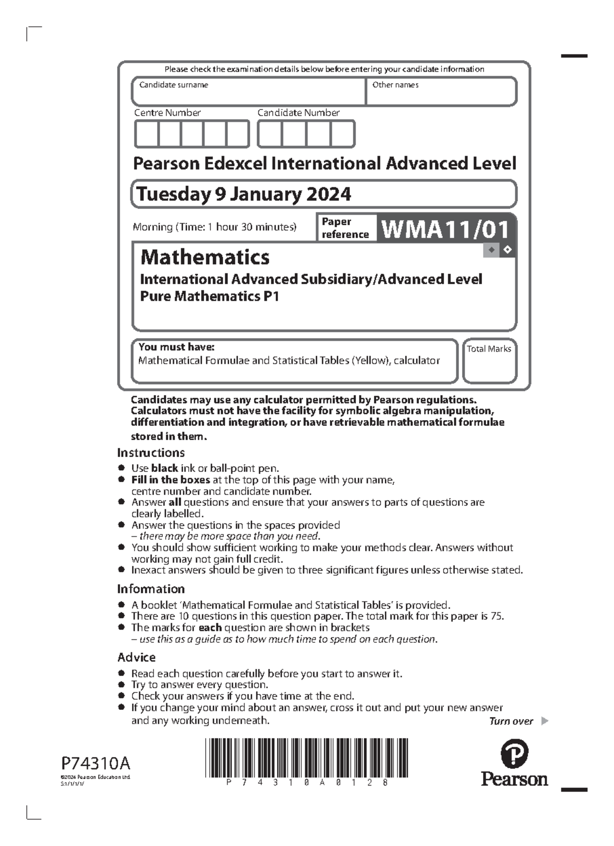 IAL January 2024 P1 question paper P74310A0128 Turn over P74310A