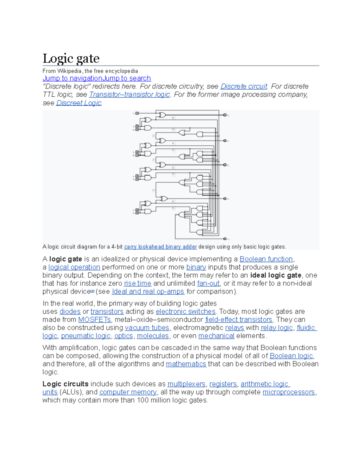 Logic Gate Implementation - Logic gate From Wikipedia, the free ...