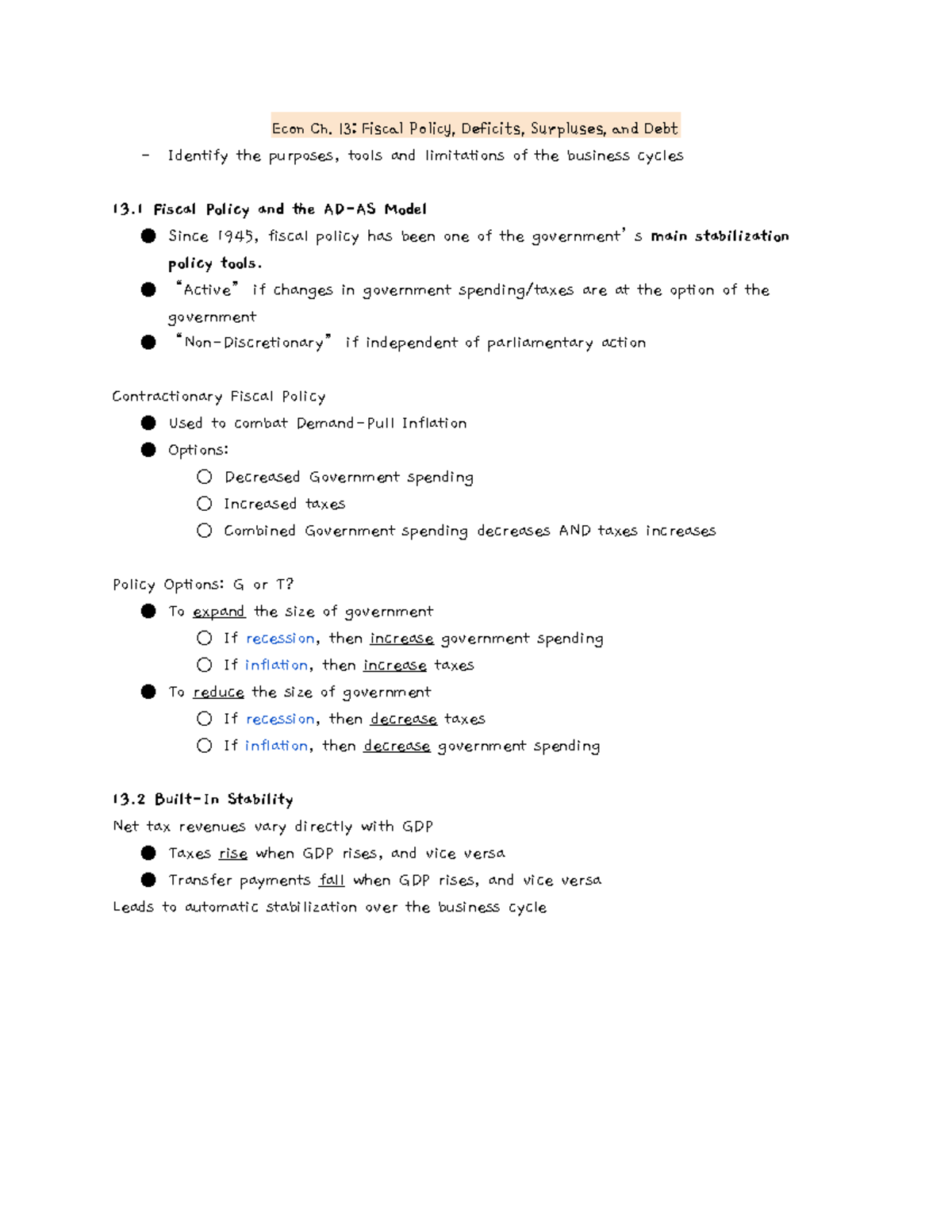Econ ch 13 - econ notes - Econ Ch. 13: Fiscal Policy, Deficits ...