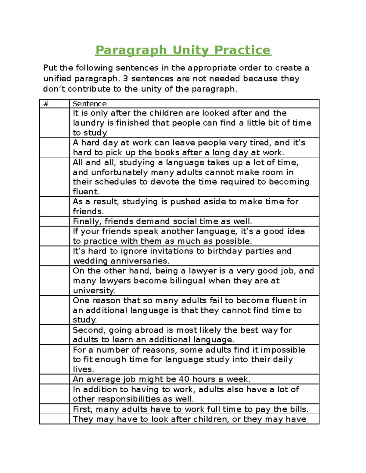 Paragraph Unity Practice - 3 sentences are not needed because they don ...