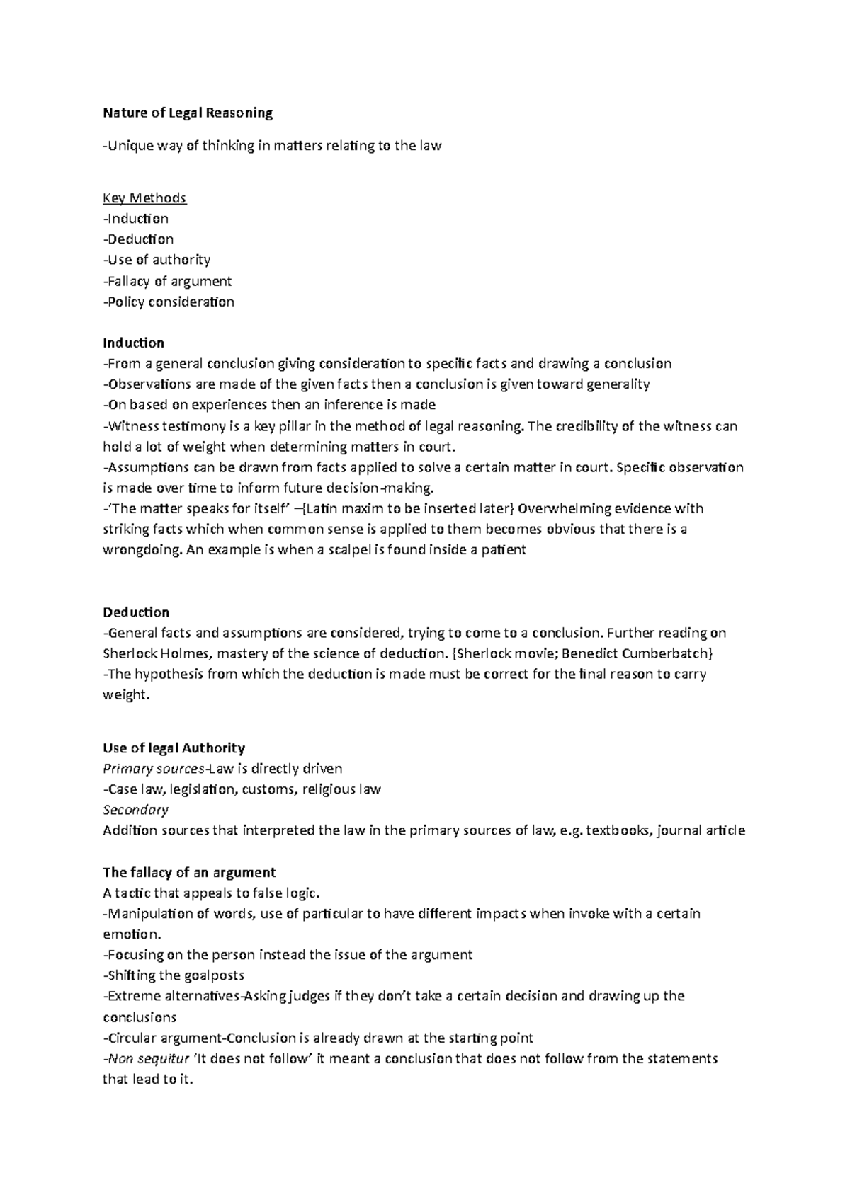 Legal Systems and Methods Notes Nature of Legal Reasoning Unique way