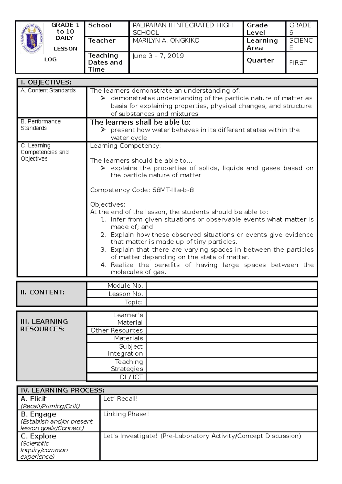 Detailed Lesson Plan Grade 1 To 10 Daily Lesson Log School Paliparan Ii Integrated High School 0557