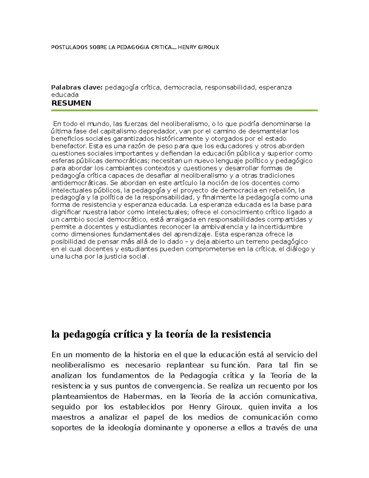 Postulados DE LA Pedagogia Critica Henry Giroux POSTULADOS SOBRE LA