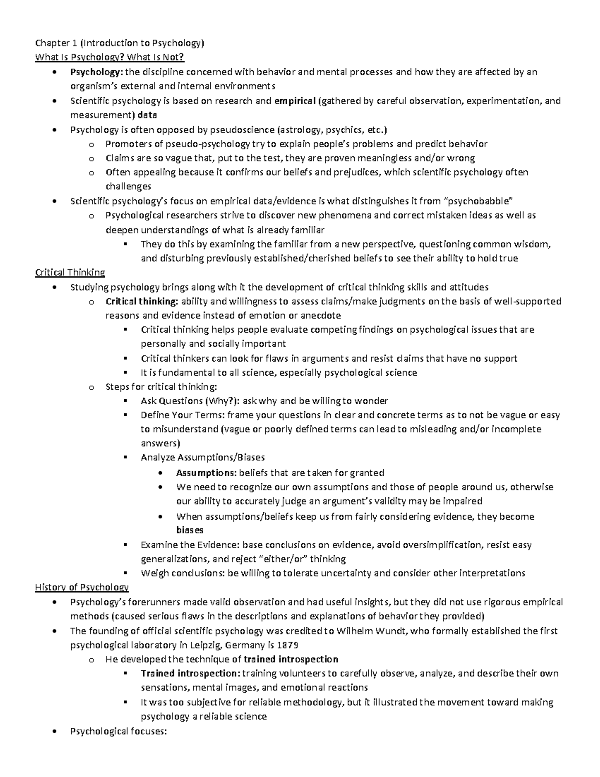 Gen Psych Notes Ch 1 Notes On Introduction To Psychology Chapter 1 Introduction To 