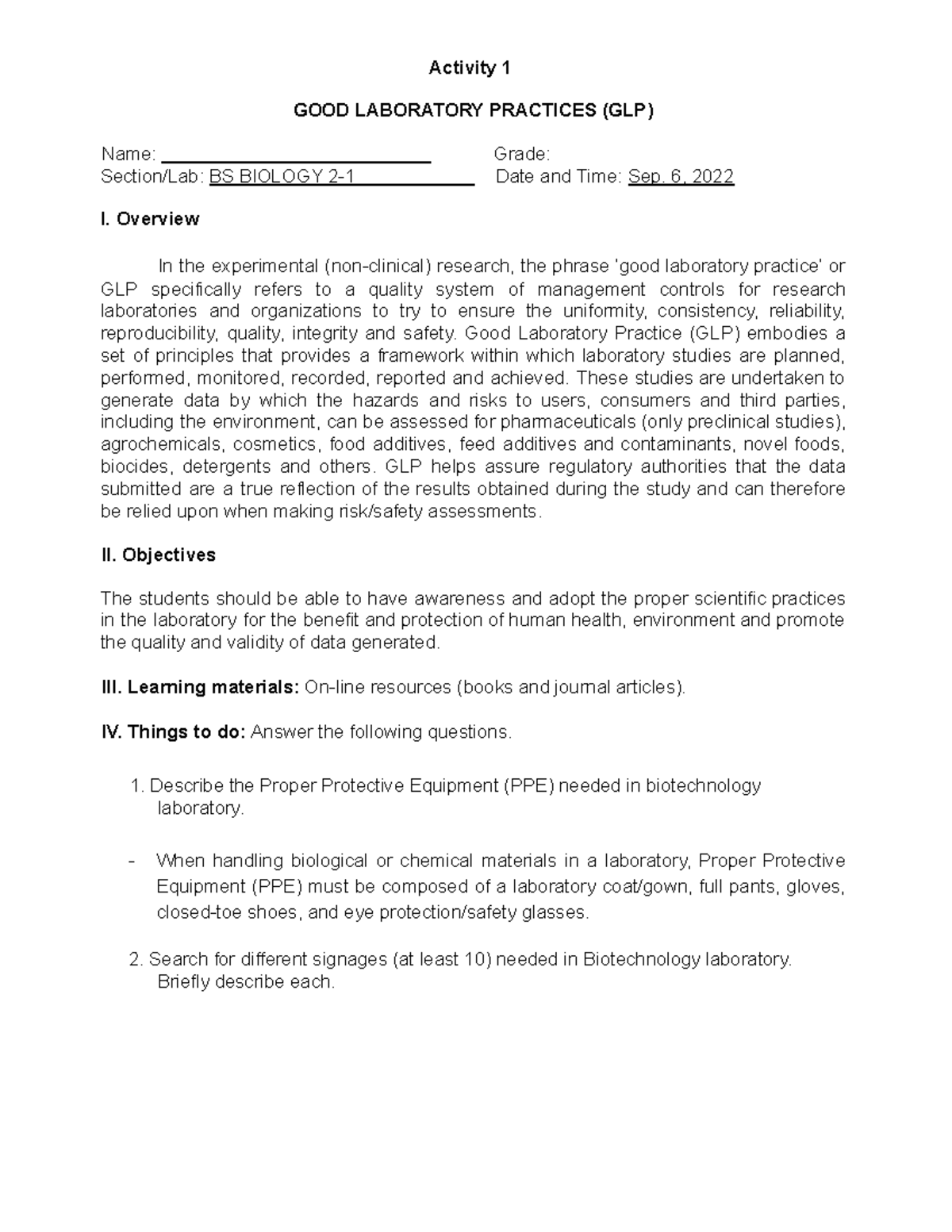 Biol 2100 Activity 1 Good Laboratory Practices Activity 1 GOOD