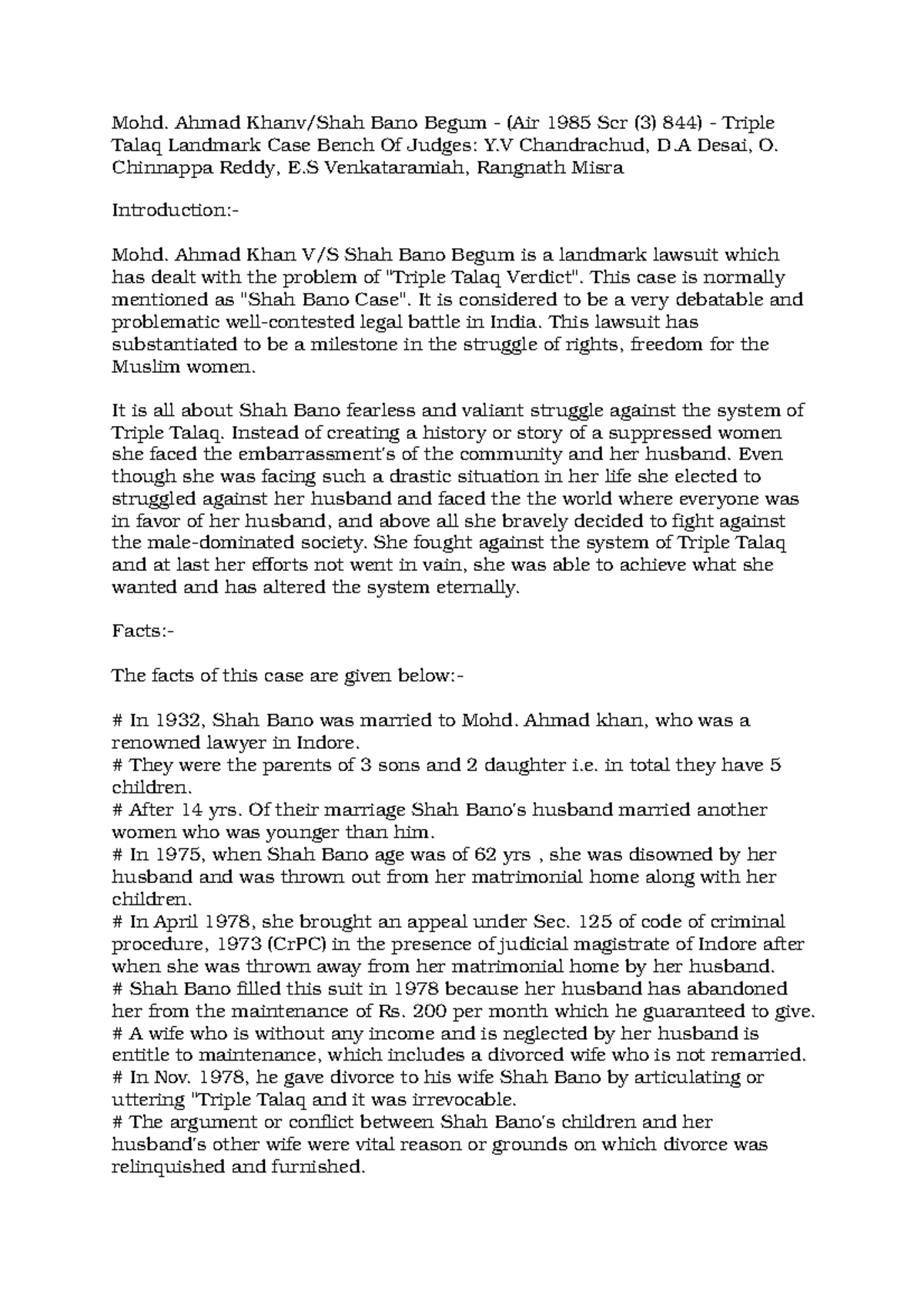 Shah bano case SUMMARY OF CASE LAW FOR PRACTICAL JOURNAL WRITING