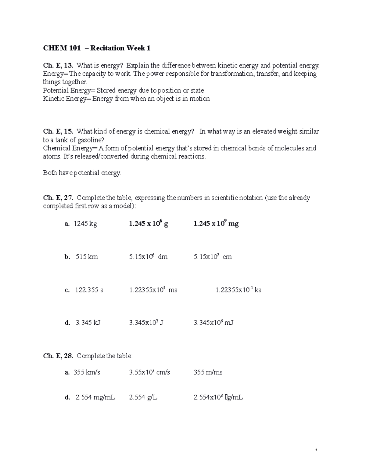 CHEM 101 Recitation Week 1 - CHEM 101 – Recitation Week 1 Ch. E, 13 ...