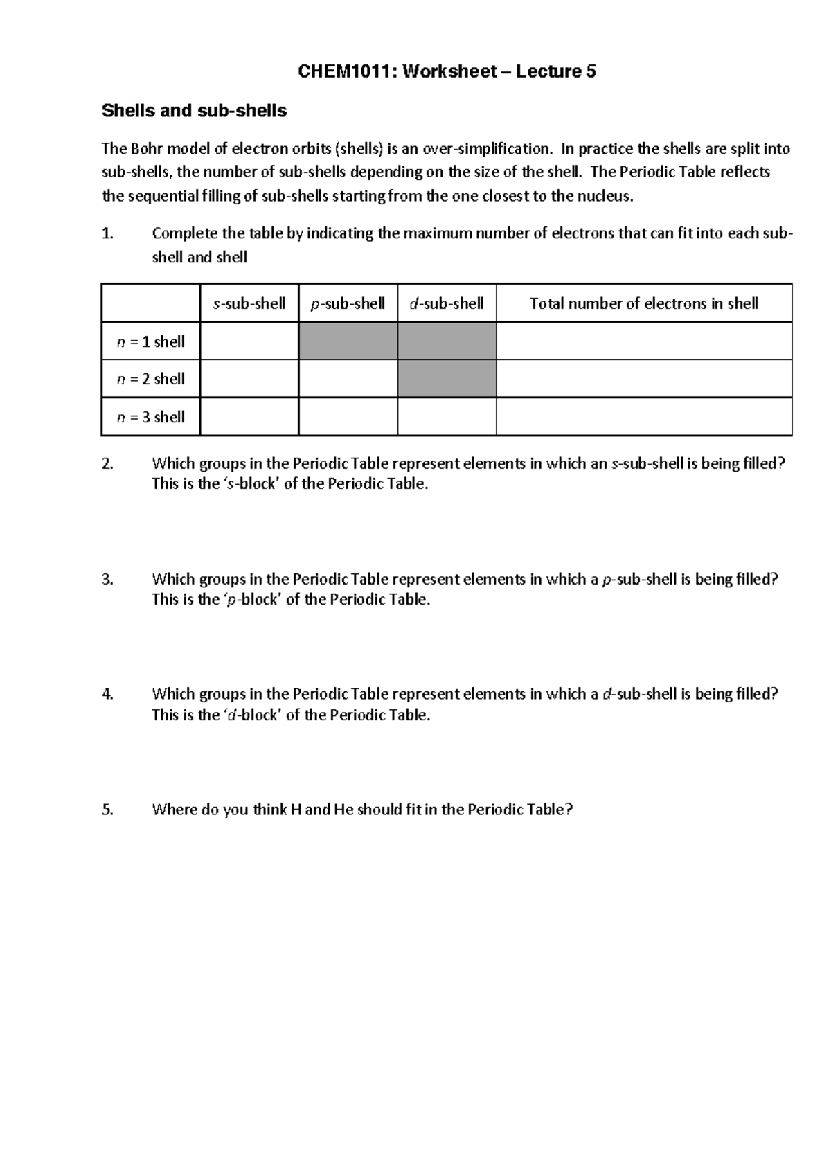 Worksheet 05 - CHEM10 1 1: Worksheet – Lecture 5 Shells and sub-shells ...