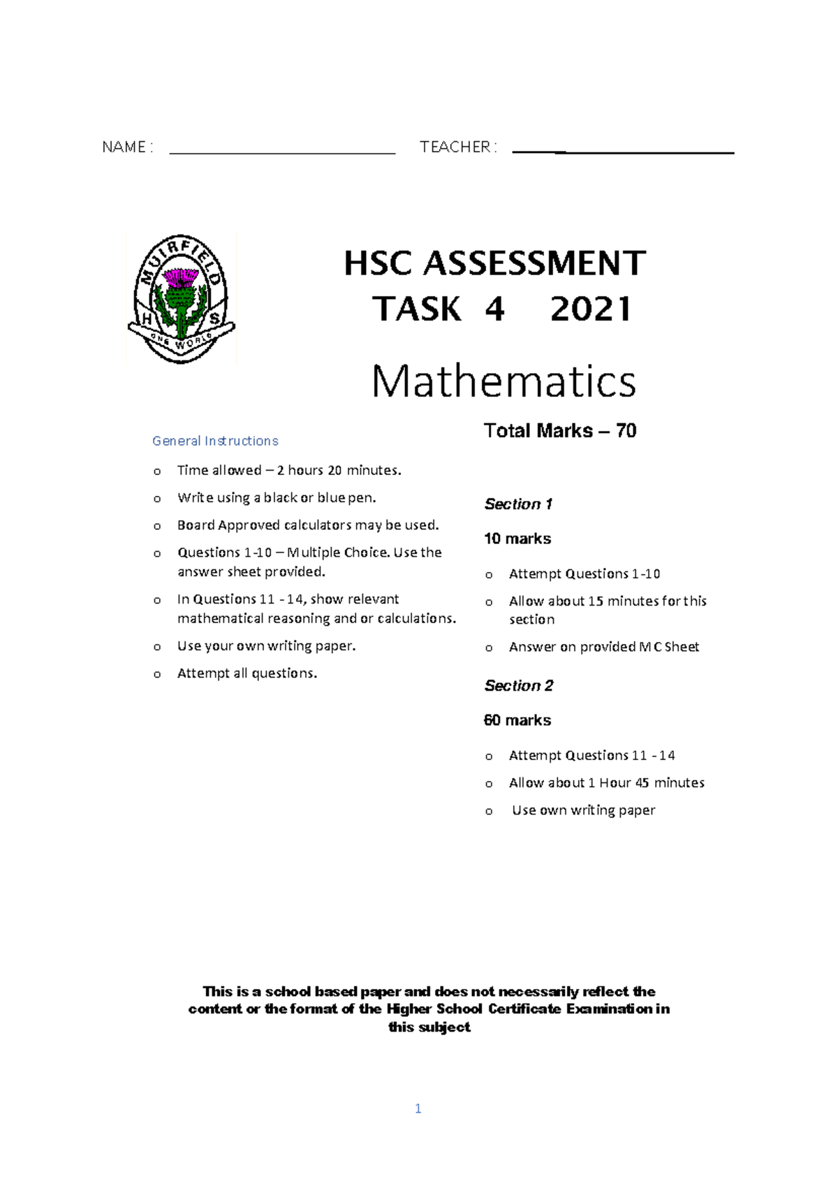 Muirfield HS Year 12 Mathematics 2021 Trial + Solutions - NAME ...