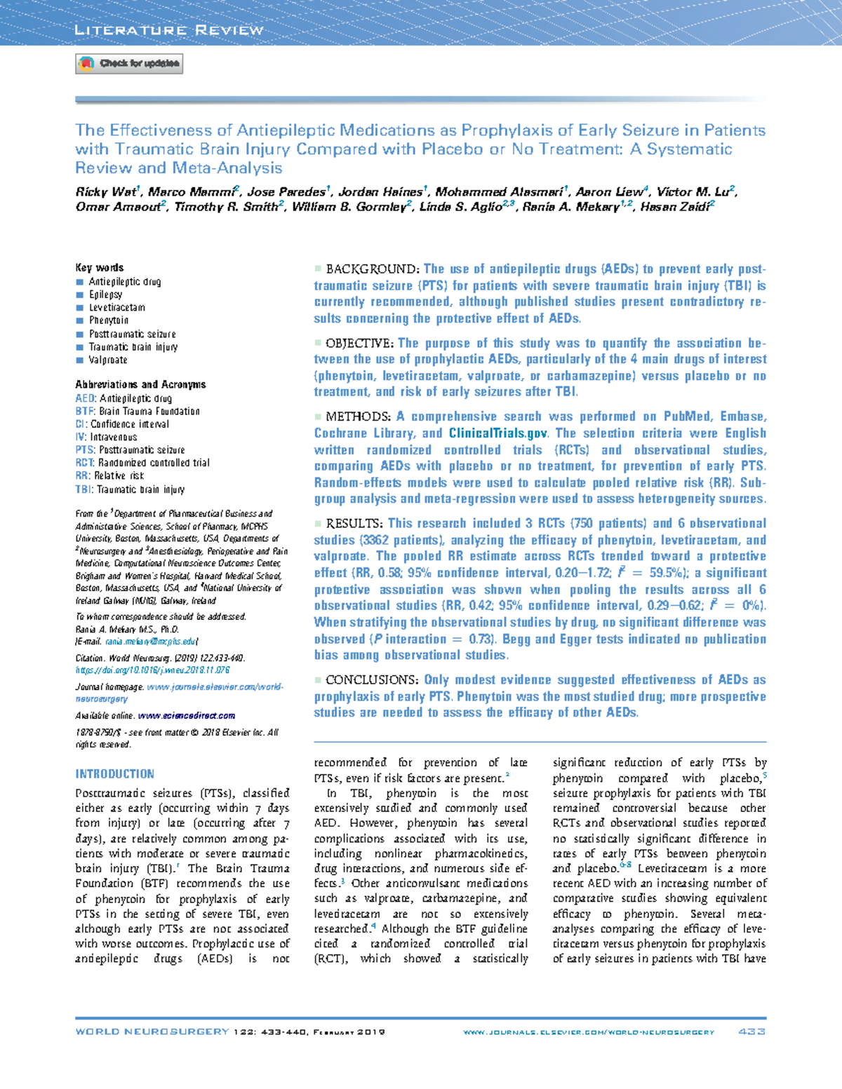 The Effectiveness of Antiepileptic Medications as Prophylaxis of Early ...