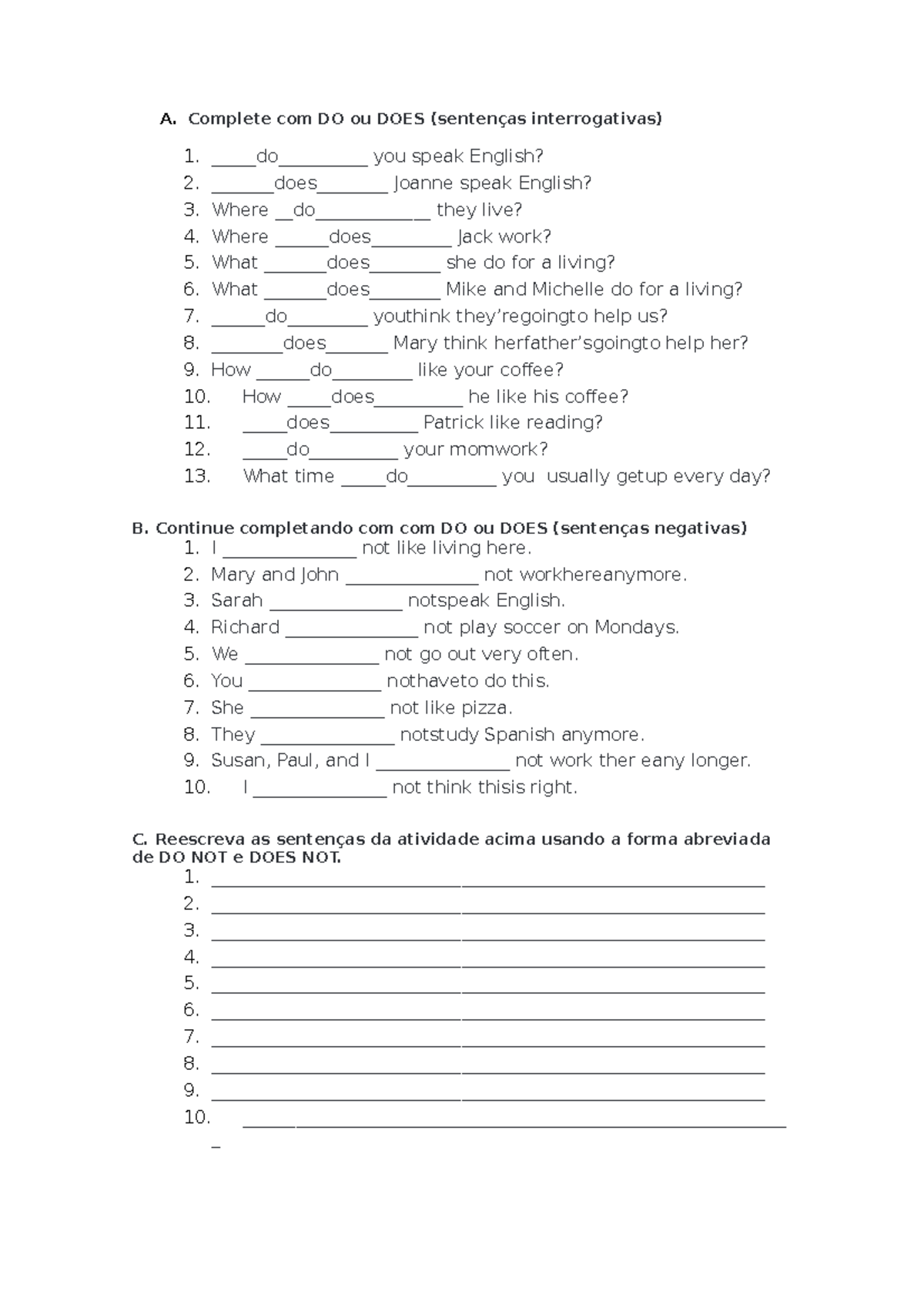 Do Does Do And Does Exercises A Complete Com Do Ou Does Sentenças