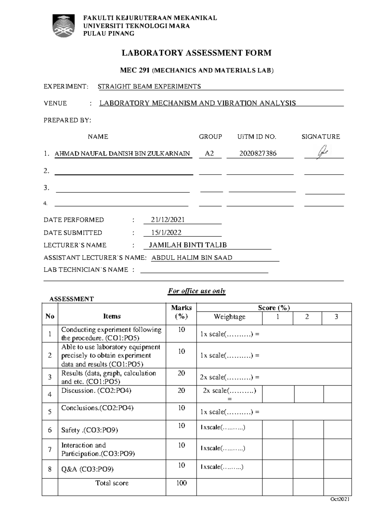 Lab report beam fluid mechanic Fluid Mechanics UiTM Studocu