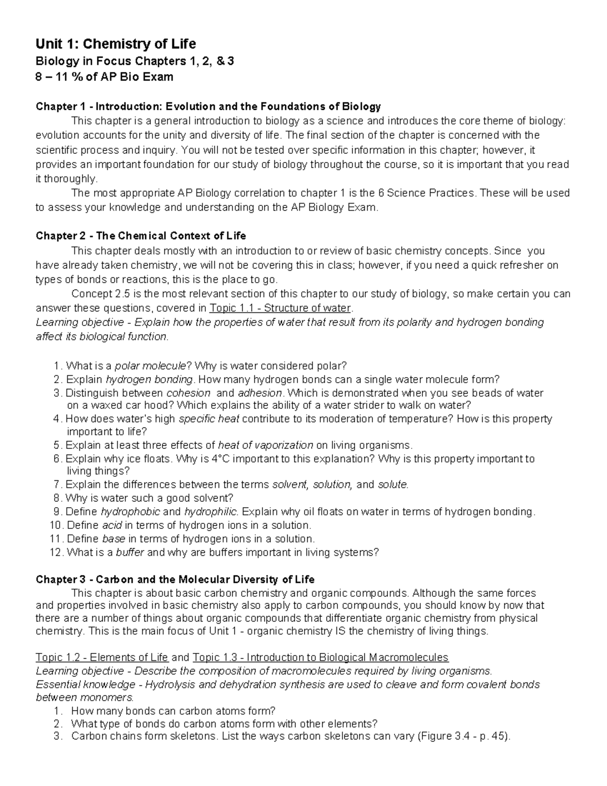 Unit+1 +Chemistry+of+Life - Unit 1: Chemistry of Life Biology in Focus ...